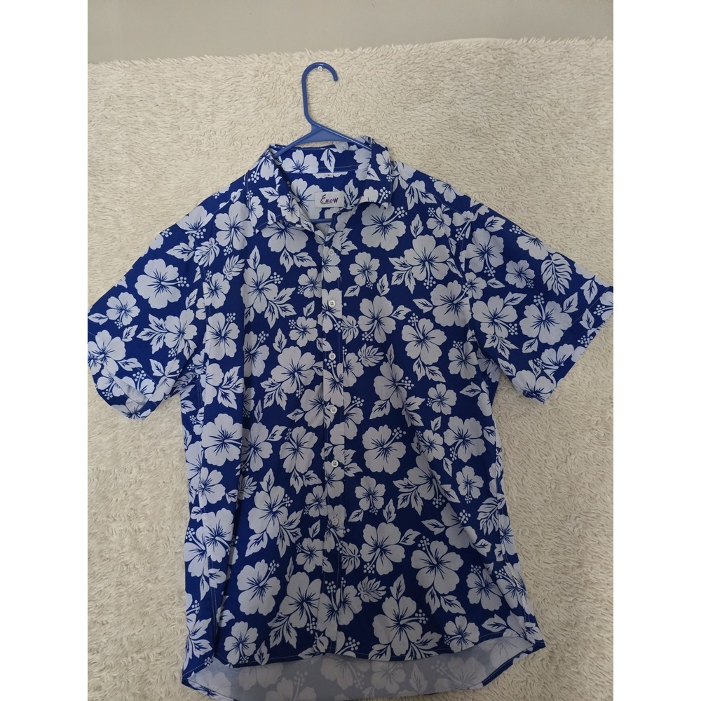 Hawaiian Floral Button Up Shirt Mens Large Blue White Aloha Tropical Casual